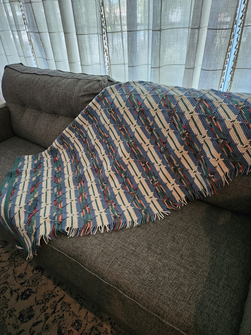 Woven Multicolor Fringe Throw Blanket – Blue & Cream